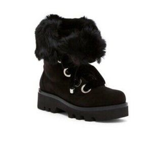 Rachel Zoe Vayl Lace Up Boots Black Rabbit Fur NWB